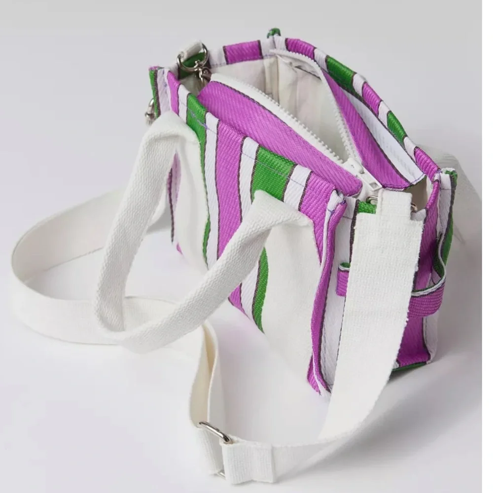 Striped Canvas Tote Bag in White, Pink & Green
